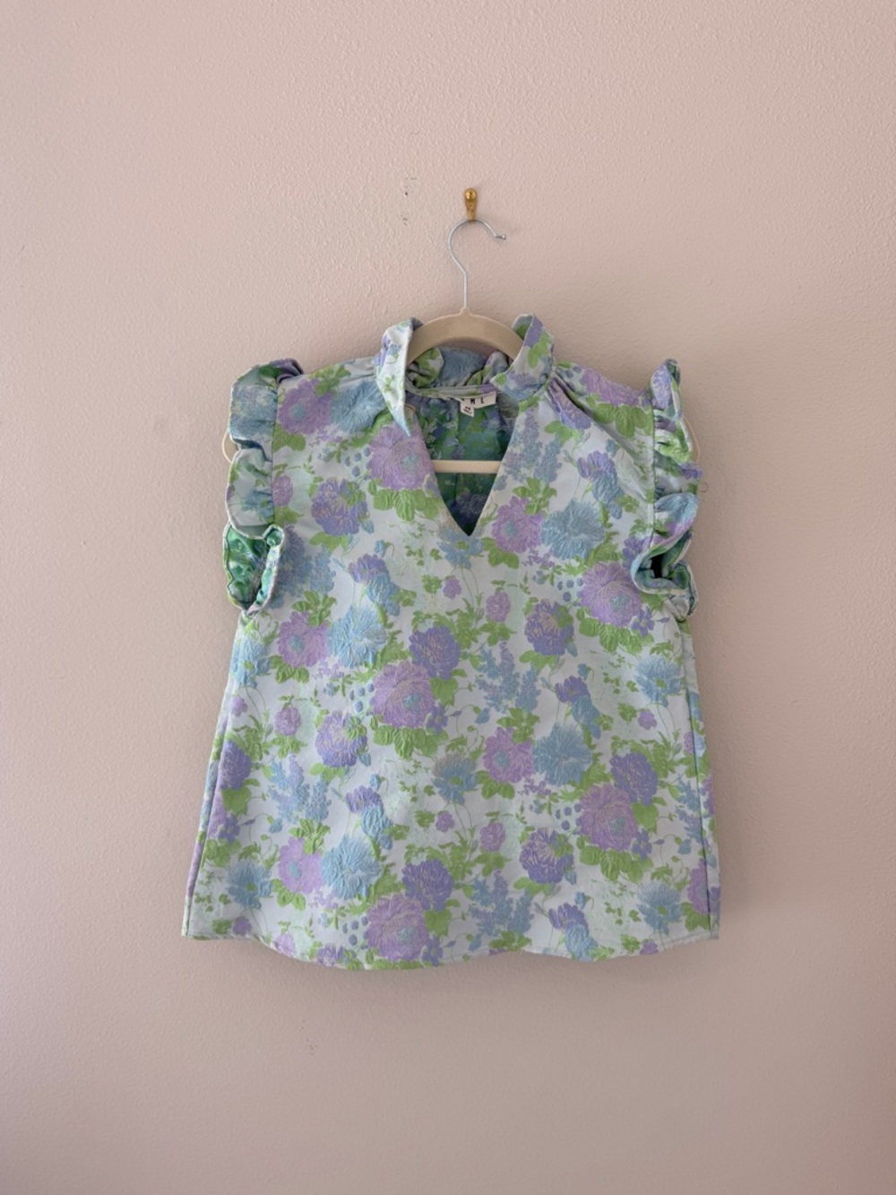 THML Floral Ruffle Sleeve Top in Lavender and Green